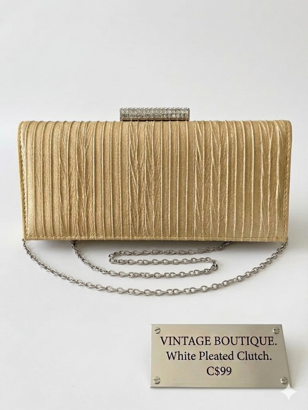 Vintage Parisian Chic Gold Pleated Metallic Clutch | Rhinestone Frame EUC* see